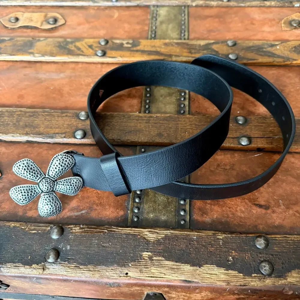 Silpada Black Leather Flower Belt Size with Silver Metal Flower Buckle